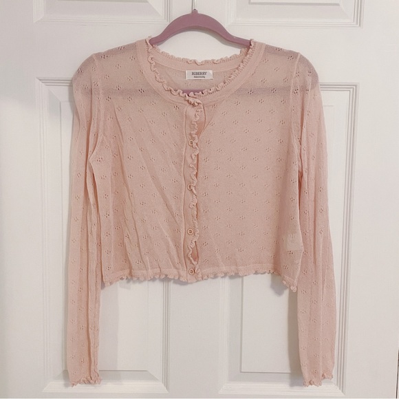 Japanese Kawaii Cottage Pastel Pink Thin Floral Ruffle Knitted Cardigan - Picture 4 of 6